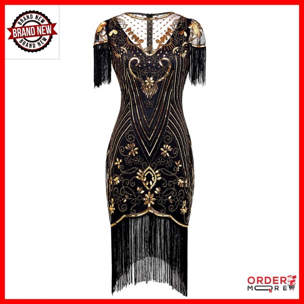1920s Great Gatsby Flapper Dress with Lace Neck Sequin Art Deco